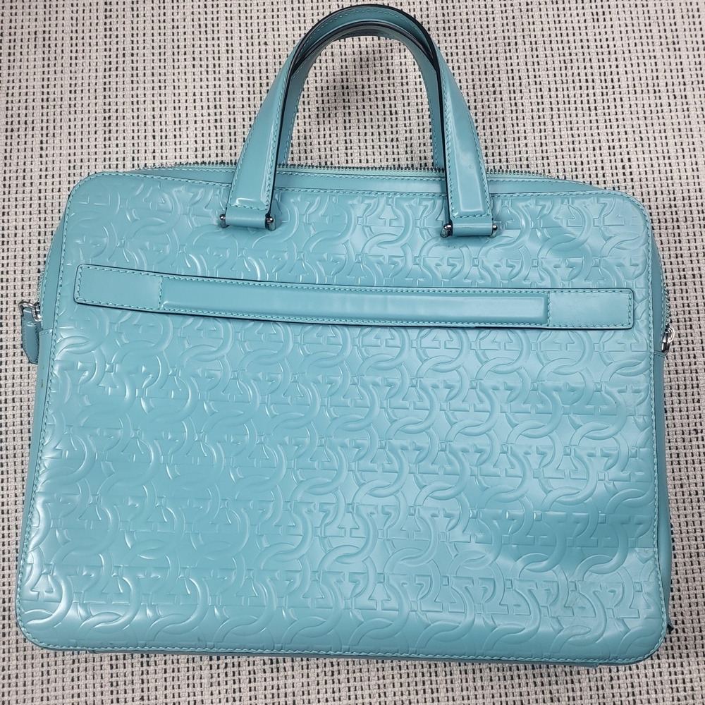 Salvatore Ferragamo Gancini Laptop Bag Womens‎ Large Turquoise Leather Embossed - Picture 4 of 9